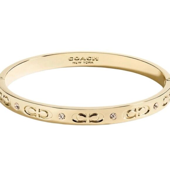Coach Signature Hinged Gold Bangle Womens Causal Rhinestone Bracelet New - Picture 1 of 4